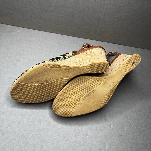 STUART WEITZMAN Leopard Wedges Women Sz 8.5N Sling Back Tan Black Peep Toe Heels - Picture 8 of 9